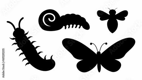 Illustration of various insect silhouettes including a caterpillar butterfly and a bee in black | editable eps vectors