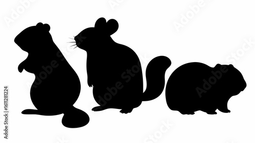 Silhouette depiction of three rodents including a beaver a chinchilla and a guinea pig in black | editable eps vectors