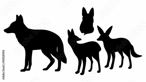 Silhouette depiction of a standing coyote alongside other canids with varying ear sizes and shapes | editable eps vectors