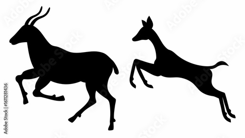 Silhouette illustration of two deer, one with antlers, in dynamic poses against a white background space | editable eps vectors