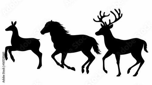 Black silhouettes of a deer, horse, and another deer with antlers standing in a line against white | editable eps vectors