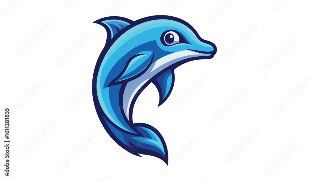 Cute cartoon blue dolphin leaping from water with playful expression Cute cartoon blue dolphin leaping from water with playful expression