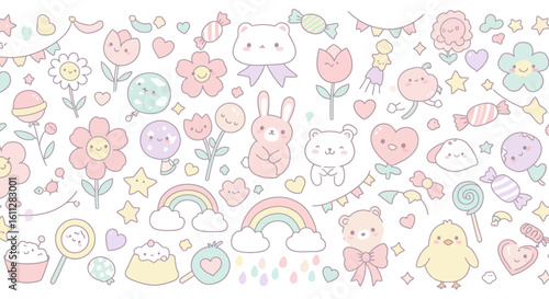 Kawaii Pastel Illustration Border for Kids’ Stationery and Wrapping Paper