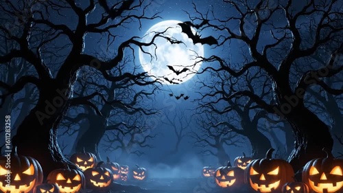 Spooky Halloween Forest with Glowing Jack O’Lanterns, Bats, and Full Moon Night