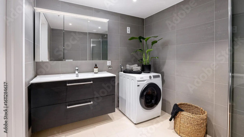 Modern bathroom interior in minimal scandinavian style, 3d render