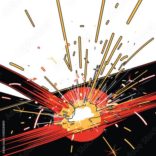 A vibrant graphic illustration captures the intense moment a blacksmith's hammer strikes hot metal, creating a fiery explosion of sparks.