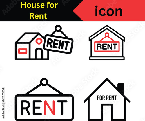 Stylized House for Rent Icons Set Depicting Real Estate Opportunities and Rental Properties for Diverse Marketing Needs