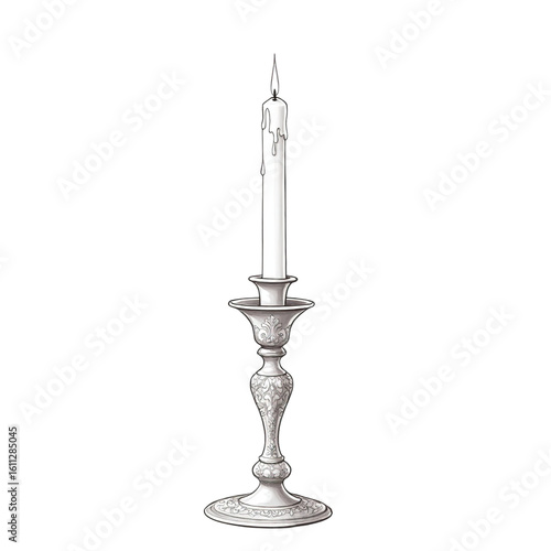 Antique silver candlestick with lit candle isolated on transparent background
