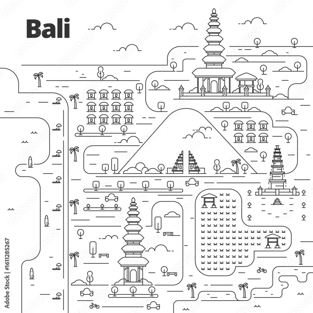 Fototapeta premium Cityscape in line art style. View with culture, houses, trees and clouds. Wonderful Indonesia. Bali Island. Pulau Dewata