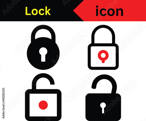 Lock Icon Set Featuring Four Different Padlock Designs in Both Open and Closed Positions Depicted with Simple Graphics