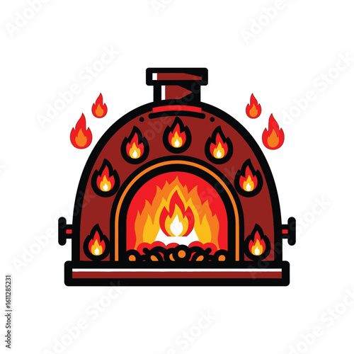 Illustration of a red brick blacksmith furnace with intense flames. A vector icon of a traditional hot forge or oven for metalwork industry.