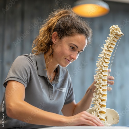 Young Female Therapist Examining Human Spine Model in Clinic