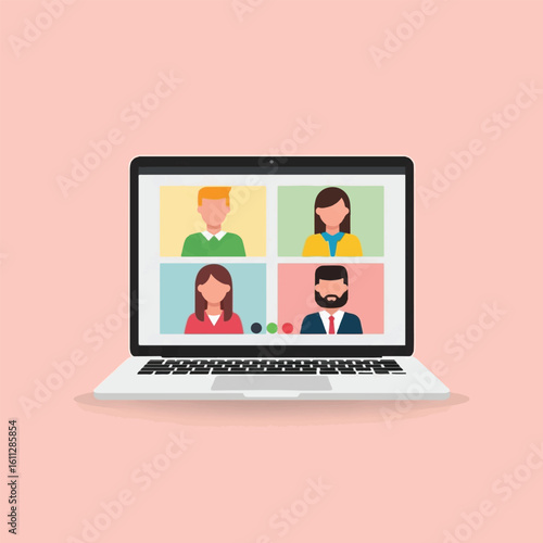 Laptop screen displaying a video conference with four people.
