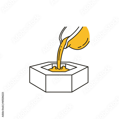 A skilled blacksmith or metalworker pouring molten liquid gold into a hexagonal casting mold. A line art icon for foundry and metallurgy.