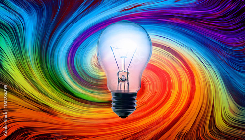 illuminating ideas a vivid swirling psychedelic backdrop forms the dynamic environment for an incandescent lightbulb symbolizing creative thinking brainstorming and innovation