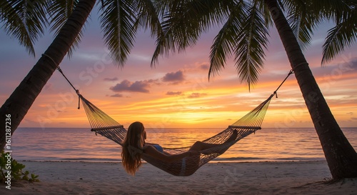 Woman Relaxing in Hammock at Sunset Beach Paradise