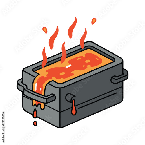 A vector icon of a foundry crucible or blacksmith's mold overflowing with glowing hot molten metal during the casting process