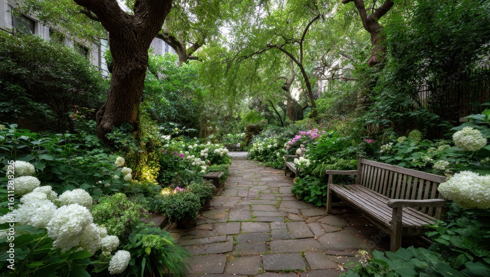A tranquil stone pathway meanders through a lush garden filled with blooming hydrangeas and inviting wooden benches under a canopy of trees. A tranquil stone pathway meanders through a lush garden filled with blooming hydrangeas and inviting wooden benches under a canopy of trees.
