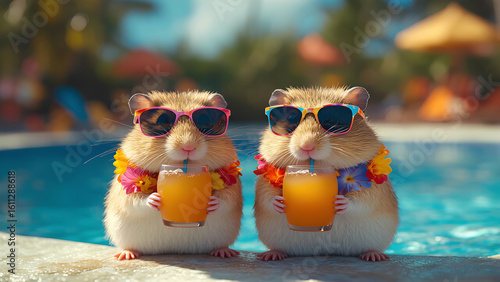 Wallpaper Mural Two cute fat hamsters in sunglasses and Hawaiian flower necklace drinking orange juice in glass glasses by the pool during vacation. Torontodigital.ca