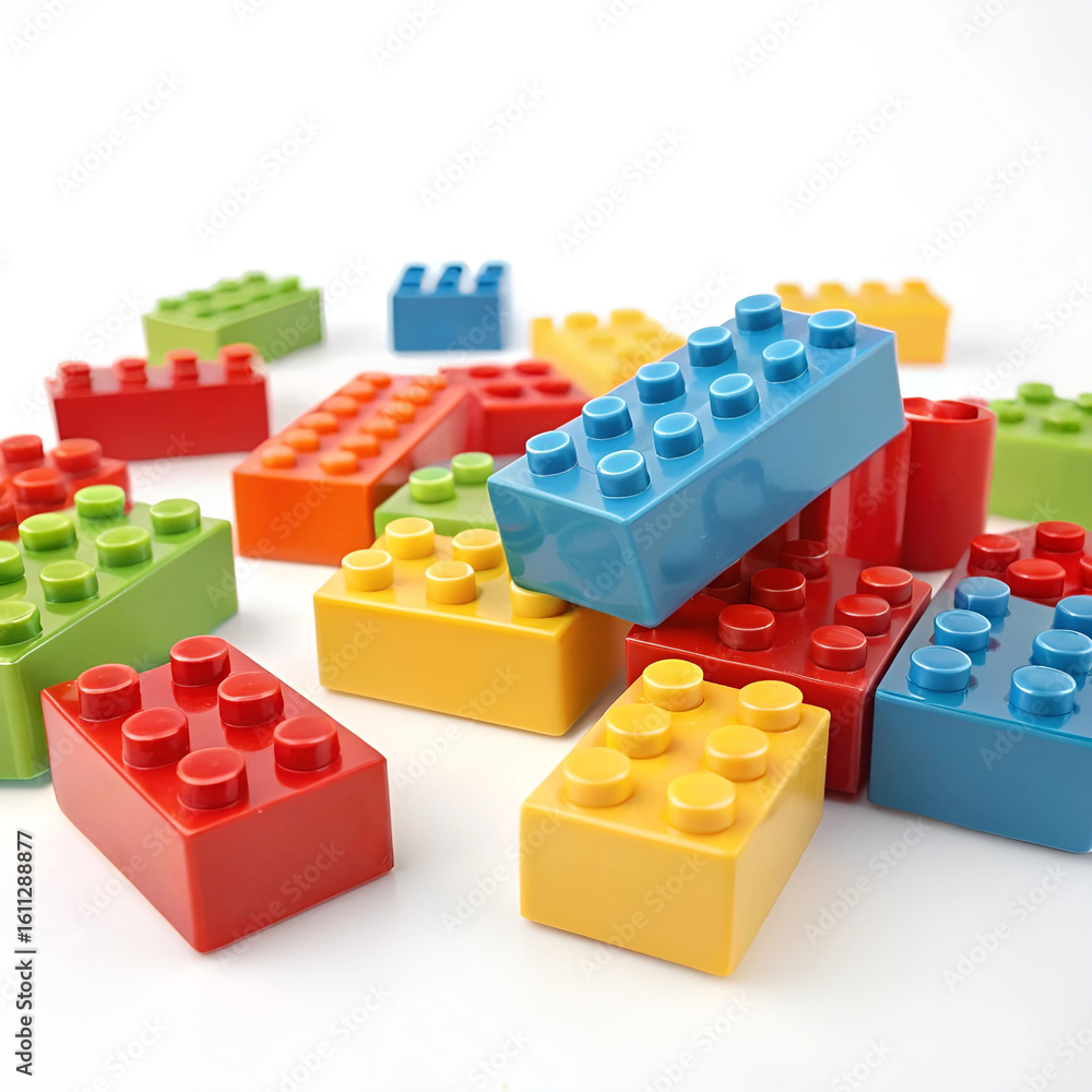 Fototapeta premium 3D-rendered colorful toy bricks in assorted shapes and sizes.