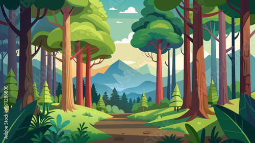 Vector art of a gentle forest path winds through a serene woodland with majestic trees and layered blue mountains in the distance