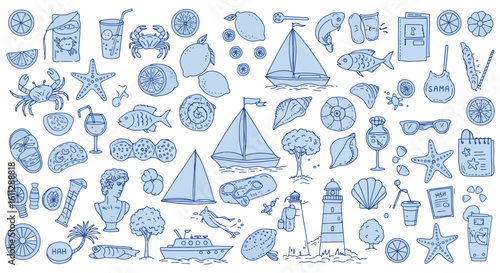 Sunny Summer Vacation Doodle Set Sea Travel and Holiday Hand-Drawn Icons