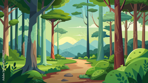 Vector art of a picturesque forest path invites exploration through a vibrant landscape of trees, bushes, and distant blue mountains