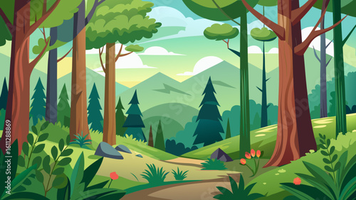 Vector art of sunlight streams through a lush forest, illuminating a path winding past trees and flowering plants towards distant mountains