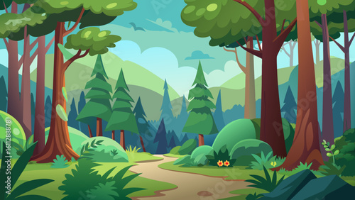 Vector art of a winding dirt path leads through a vibrant, stylized forest with tall trees and rolling green hills under a bright sky