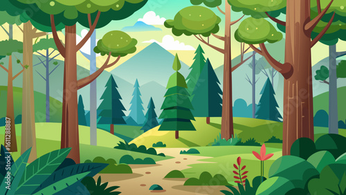 Vector art of a picturesque forest scene features a dirt path leading towards rolling hills and mountains under a sky with fluffy clouds