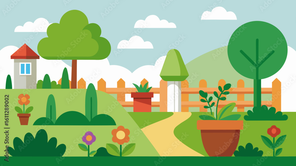 Fototapeta premium Vector art of a picturesque cartoon garden with a winding path, a small house, trees, and flowers under a bright sky with fluffy clouds