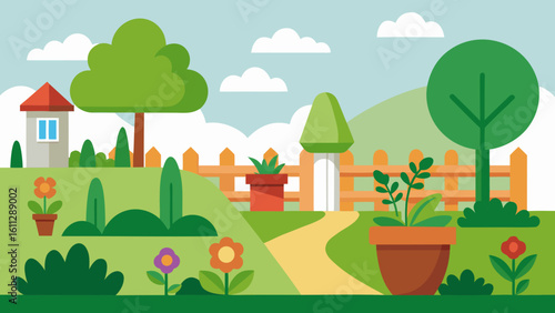 Vector art of a picturesque cartoon garden with a winding path, a small house, trees, and flowers under a bright sky with fluffy clouds