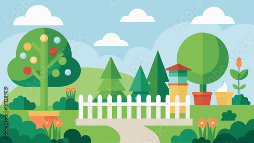Vector art of a charming flat design illustration of a vibrant garden with trees, flowers, and a white picket fence under a blue sky with clouds