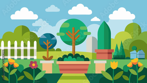 Vector art of a whimsical cartoon garden showcases various trees, flowers, and a white picket fence against a backdrop of rolling green hills and clouds