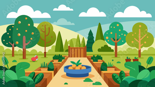 Vector art of an inviting flat design view of a garden pathway leading through rows of trees and plants towards a wooden gate