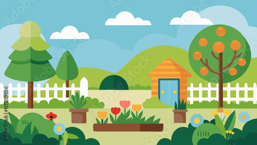 Vector art of a picturesque flat design garden scene featuring blooming tulips, trees, and a small house behind a white picket fence