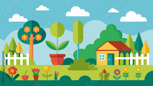 Vector art of a cheerful flat design illustration of a suburban landscape with a house, trees, flowers, and a white picket fence