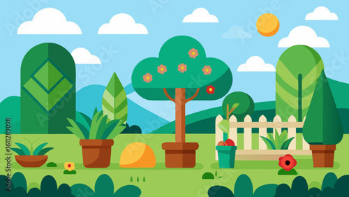 Vector art of a charming flat illustration depicts a sunny garden with various potted plants, trees, and a white picket fence