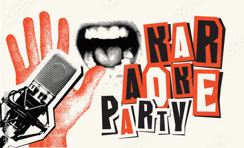 Vector poster for karaoke party in vintage style with singing mouth, hand, studio microphone and inscription. Suitable for promotional music banner, flyer, invitation, ticket. No AI used