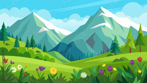 Vector art of a breathtaking mountain vista unfolds with snowcapped peaks, lush green hills, and a meadow bursting with vibrant wildflowers under a blue sky
