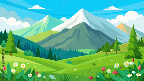 Vector art of a vibrant cartoon landscape unfolds with majestic snowcapped mountains under a clear blue sky with fluffy clouds