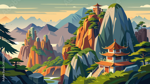 Vector art of a vibrant asian temple with a red roof is perched on a cliffside, with a stone path leading up through the scenic mountains