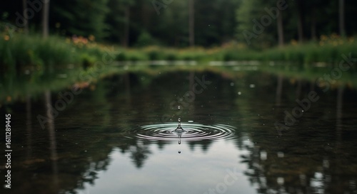 A single water drop falls into a tranquil pond, creating ripples on the reflective surface.