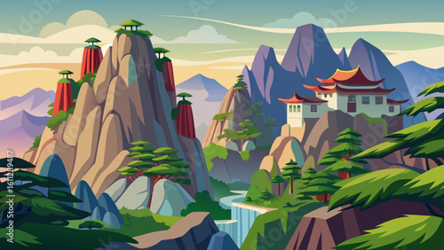 Vector art of a serene mountain landscape featuring ancient temples and pagodas nestled among rugged peaks and vibrant greenery