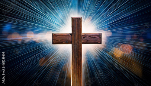 abstract background with central wooden cross and radiant divine energy