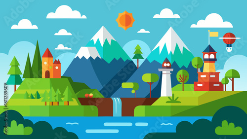 Vector art of a vibrant flat design illustration of a picturesque landscape with mountains, a river, and charming villages under a sunny sky
