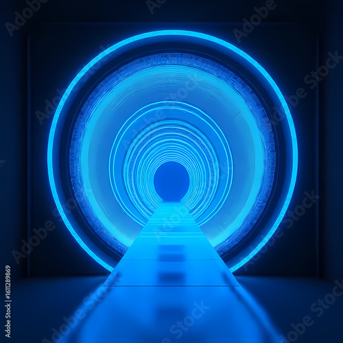 A high-tech particle accelerator tunnel glowing with blue energy
