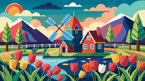 Vector art of a dutch countryside scene showcases a majestic windmill, traditional houses, and a river, with a foreground of bright tulips and distant mountains