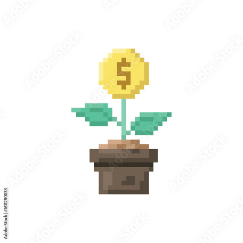 Money tree, a coin growing, flat icon vector for investment or business concept. Pixel 8bit style