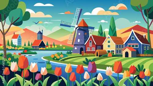 Vector art of a picturesque dutch landscape unfolds with a classic windmill and vibrant tulips blooming by a serene canal under a bright blue sky